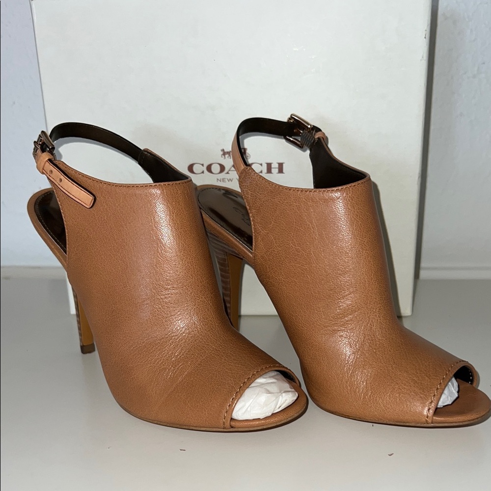 Coach Brown Leather Peep-Toe Slingback Heels